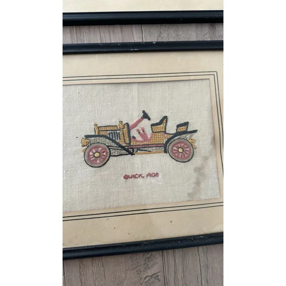 6 VINTAGE COMPLETED EMBROIDERY Antique Cars Framed Old Frames - Picture 8 of 9